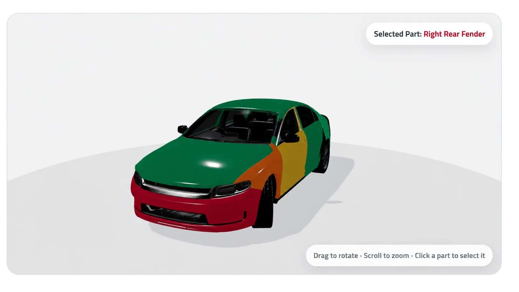 Configurateur automobile 3D Scanest en code couleur montrant une carrosserie interactive avec des éléments d'inspection verts, orange et rouges et l'aile arrière droite sélectionnée