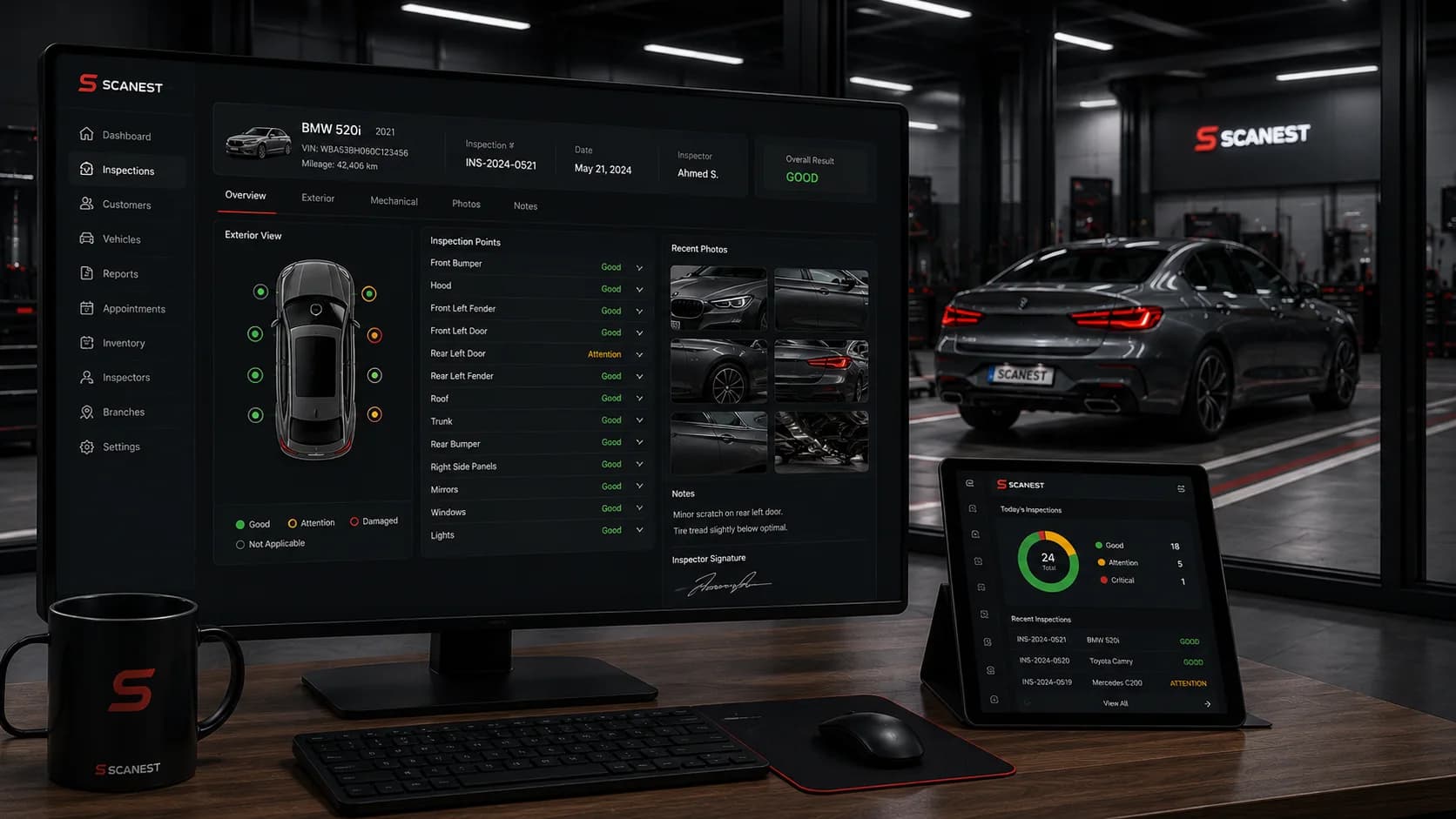 Scanest inspector workspace showing a vehicle inspection overview