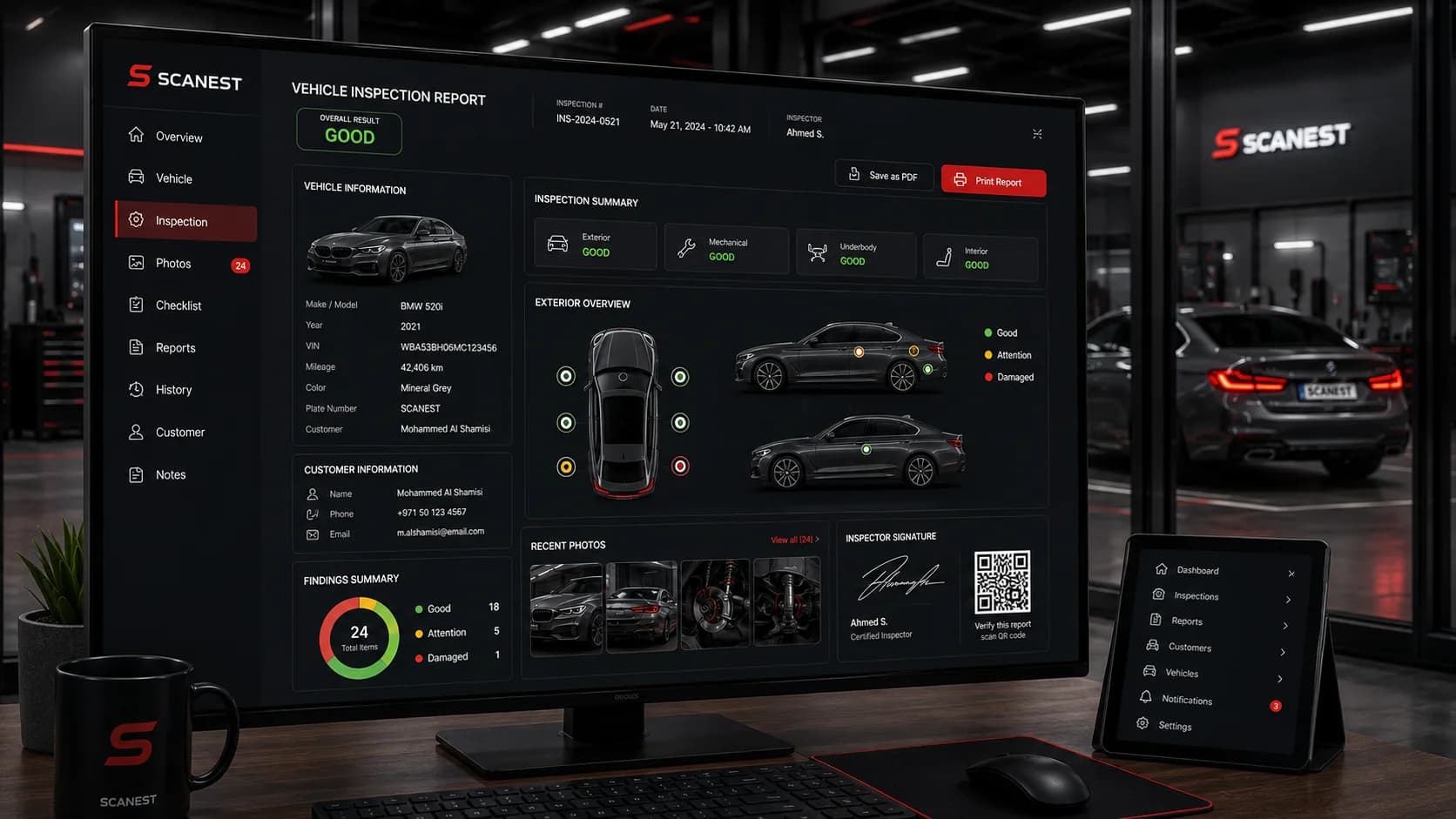 Scanest digital vehicle inspection report with findings, photos and QR verification